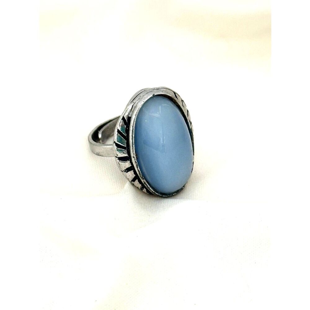 Vintage Blue Glass Cabochon Silver Tone Adjustable Ring